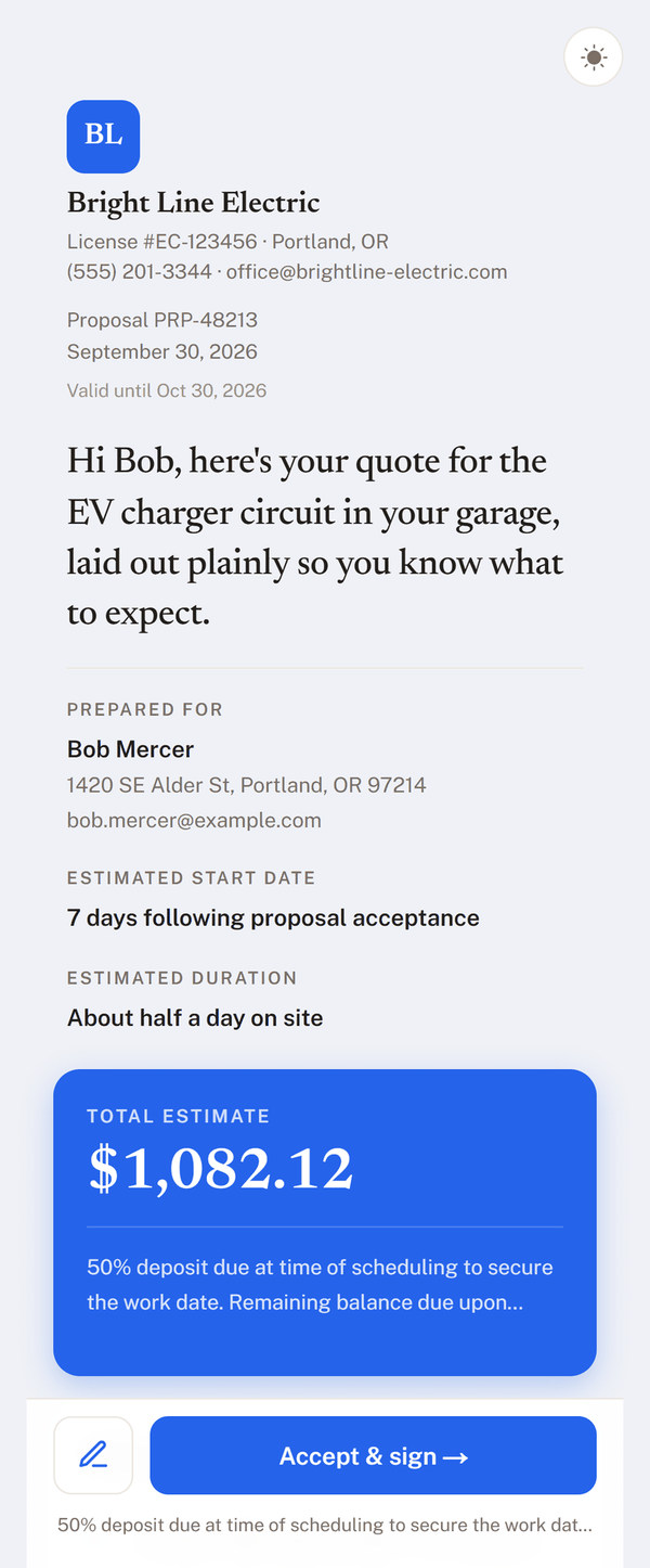 The proposal as the client sees it on their phone, with the total and an Accept & sign button