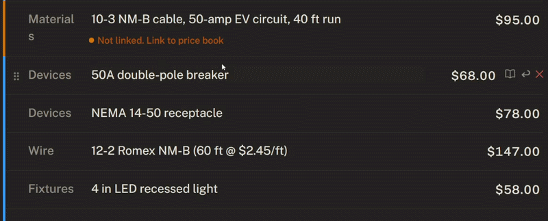 A line item flagged as not linked, then linked to a matching price-book entry